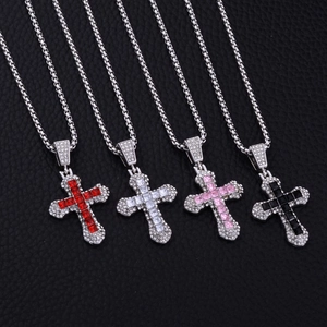 Edelstahl Kreuzanhänger Halskette Mit Bunten Zirkonia Quadratstein Voll Strass Hip Hop Religiöser Schmuck