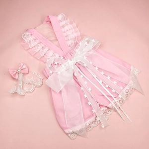 Pink lace pet wedding dress with large bow and matching pearl bow headband set