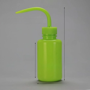 Detailed 250ml green squeeze wash bottle with curved nozzle and scale markings