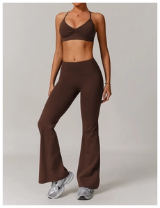 Deep brown V-neck sports bra and high-waisted flared yoga pants two-piece fitness set