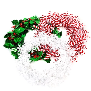 Close-up of Christmas tinsel garlands with holly berries, candy canes and snowflake designs