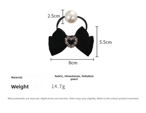 Detailed dimensions of black velvet bow hair tie with rhinestone heart and large pearl