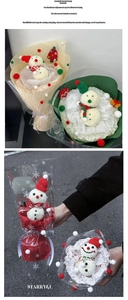 Close-up of DIY snowman flower bouquet with plush balls, mini scarves and holiday wrapping