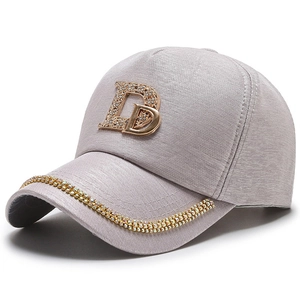 Luxe light grey baseball cap with rhinestone studded D logo and sparkling brim chain