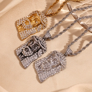 Three hip hop Jesus face pendants with sparkling diamonds on gold and silver twist chains