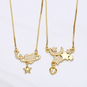 Collana Con Pendente Stella Luna Cuore Rame Placcato Oro 18K Zircone Pianeta Saturno Catena Box Per Donna Gioielli Chic