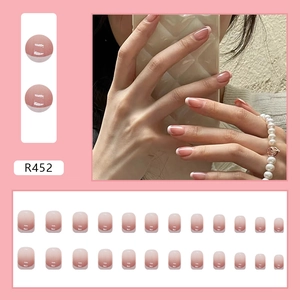 Short square French ombre press-on nails with pink blush gradient and white tips