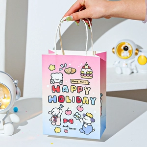 Detail of cartoon animal gift bag with pastel gradient and white rope handle