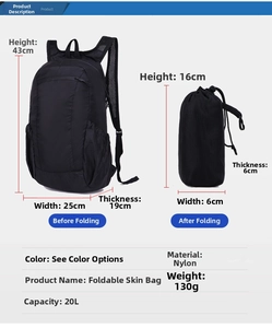 Foldable black waterproof nylon backpack comparison showing 20L storage and compact size