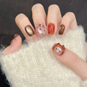 Handgefertigte braune Cat-Eye Press-On-Nägel mit süßem 3D-Katzen-Design-Set