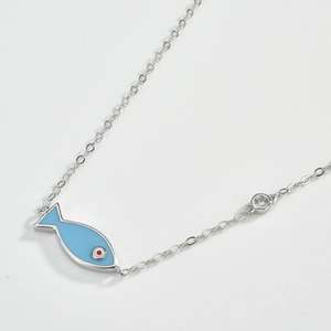 Close-up of S925 silver necklace featuring a blue fish pendant and round zircon stone