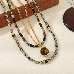 Retro multilayer long beaded necklace with spotted natural stones and gold chain layers