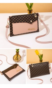 Detailed views of crossbody bag with brown monogram pattern and pink leather contrast