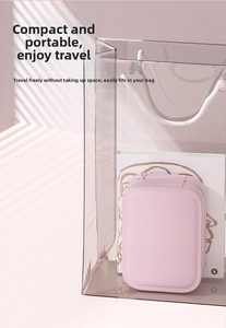 Pink leather cosmetic bag inside transparent tote with elegant shutter lighting effects