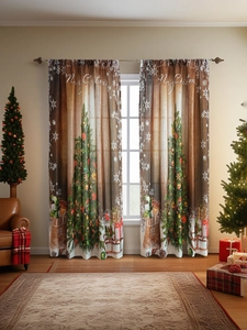 Detail of Christmas themed curtains with ornate tree design on wood texture background