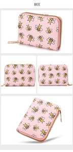 Pink bee print accordion card holder with secure metal zipper closure and multi-view detail
