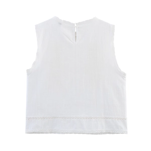 French style white sleeveless cotton linen top with intricate lace hollow-out details