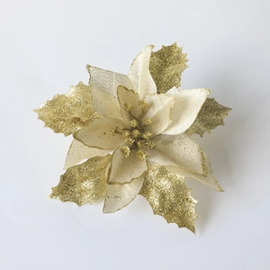 Golden artificial Christmas flower decoration with glitter petals for DIY holiday decor