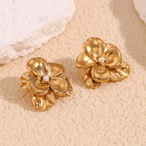 Retro 18K gold plated stainless steel double petal flower earrings with white pearl center