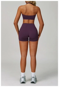 Deep purple backless yoga set with halter sports bra and high waisted lifting shorts