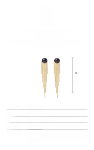 Detail of natural black pearl earrings with long 18k gold tassels and S925 silver base