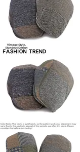 Detailed close-up of retro patchwork flat cap with unique tweed fabric textures and patterns