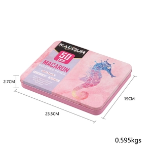 50-count macaron color pencil set in a pink floral tin box with dimensions and weight info