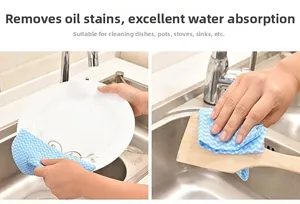 Absorbent blue and white wave pattern cleaning cloth wiping a plate and pan