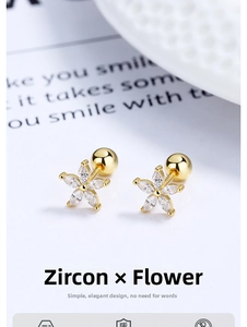 Close-up of S925 silver flower stud earrings with marquise-cut white zircon petals