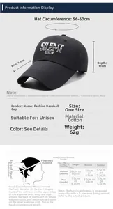 Size chart showing baseball cap dimensions with 56-60cm circumference and cotton material