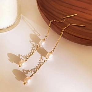 Minimalist 18K gold plated titanium long chain earrings with three freshwater pearls