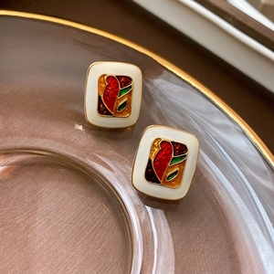 Vintage Enamel Square Stud Earrings Oil Painting Pattern French Style Alloy Jewelry With 925 Sterling Silver Earring Post