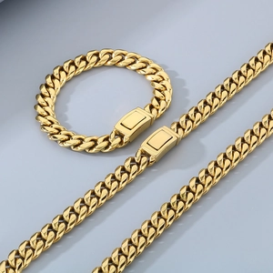 Polished 12mm gold Cuban link chain set showing matching necklace and bracelet details
