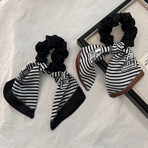 Elegant Striped Scarf Scrunchie Fabric Satin Hair Tie With Long Streamer For Women Girls Simple Versatile Accessory