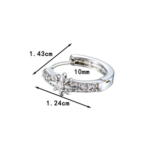 Silver star hoop earrings with zircon stones and detailed size measurements shown