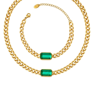 Retro Hip Hop Cuban Link Stainless Steel Jewelry Set For Women Gold Silver Necklace Bracelet With Rectangular Glass Stone