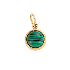 Close-up of elegant round malachite stone pendant with green stripes in golden frame