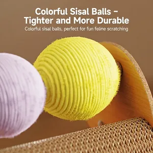 Vertical cat scratching post with sisal balls and corrugated paper on wooden frame