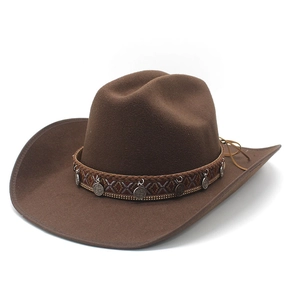 Detail of a brown wool felt cowboy hat with braided band and silver coin pendants
