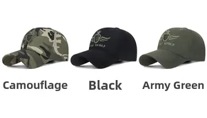 Detailed view of three cotton baseball caps with shield embroidery in camo, black and green