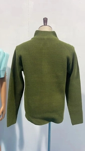 Detail of green waffle-knit fabric and stand-collar design on a men's slim fit cardigan