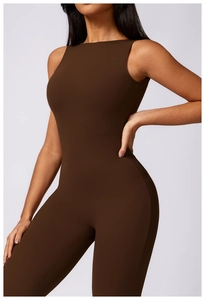 Close-up of sleek chocolate brown yoga jumpsuit with high-elasticity shaping fabric