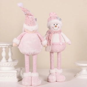 Standing telescopic pink sequin snowman and elf doll plush Christmas decorations