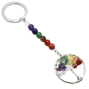 Natural crystal tree of life keychain with seven colorful stones and silver metal ring