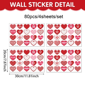 80pcs Valentine's Day heart wall stickers with red patterns for party glass decoration