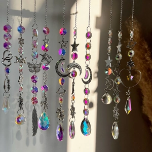 Detailed view of silver crystal sun catchers creating rainbow light reflections