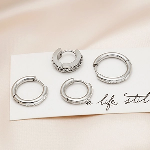 Stainless Steel Hoop Earrings Rhinestone Geometric Chain Link Huggie Ear Buckle Minimalist Punk Style For Men Women