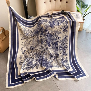 Elegant 110cm faux silk square scarf with navy blue landscape print and striped borders