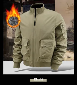 Detail view of khaki padded worker jacket showing warm quilted lining and utility pockets