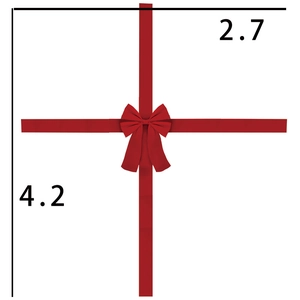 Detail view of large red Christmas ribbon bow with size markings 2.7 by 4.2 units